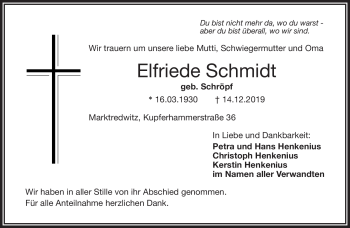 Traueranzeige von Elfriede Schmidt von Frankenpost