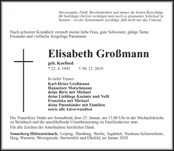 Traueranzeige von Elisabeth Großmann von Südthüringer Presse