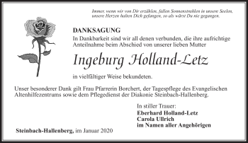 Traueranzeige von Ingeburg Holland-Letz von Südthüringer Presse