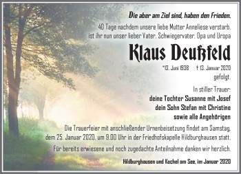 Traueranzeige von Klaus Deußfeld von Südthüringer Presse