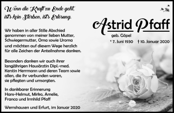 Traueranzeige von Astrid Pfaff von Südthüringer Presse