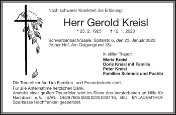 Traueranzeige von Gerold Kreisel von Frankenpost