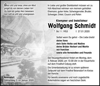 Traueranzeige von Wolfgang Schmidt von Südthüringer Presse