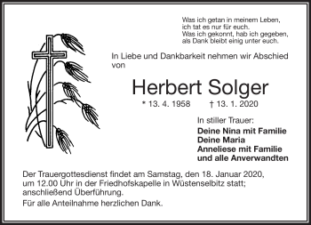 Traueranzeige von Herbert Solger von Frankenpost