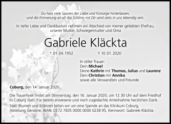 Traueranzeige von Gabriele Kläckta von Neue Presse Coburg