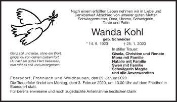 Traueranzeige von Wanda Kohl von Neue Presse Coburg