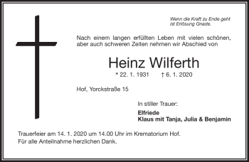 Traueranzeige von Heinz Wilferth von Frankenpost