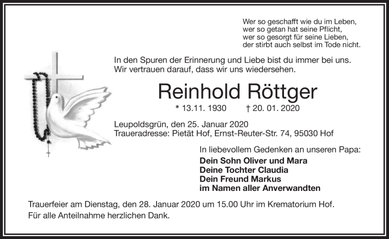  Traueranzeige für Reinhold Röttger vom 25.01.2020 aus Frankenpost