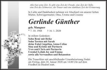 Traueranzeige von Gerlinde Günther von Südthüringer Presse