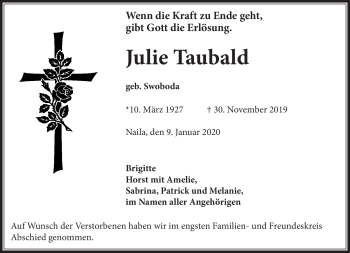 Traueranzeige von Julie Taubald von Frankenpost