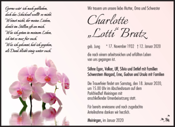 Traueranzeige von Charlotte Bratz von Südthüringer Presse