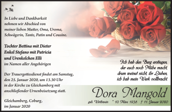 Traueranzeige von Dora Mangold von Südthüringer Presse