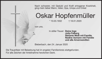 Traueranzeige von Oskar Hopfenmüller von Neue Presse Coburg