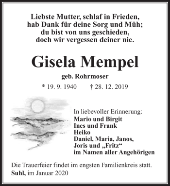Traueranzeige von Gisela Mempel von Südthüringer Presse