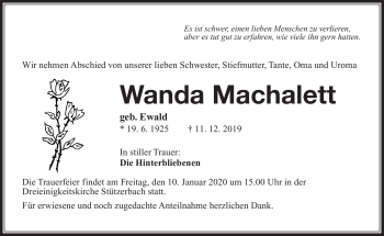 Traueranzeige von Wanda Machalett von Südthüringer Presse