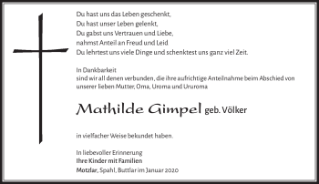 Traueranzeige von Mathilde Gimpel von Südthüringer Presse
