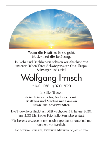 Traueranzeige von Wolfgang Irmsch von Südthüringer Presse
