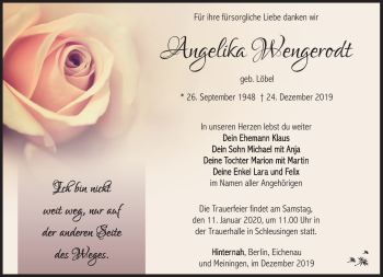 Traueranzeige von Angelika Wengerodt von Südthüringer Presse