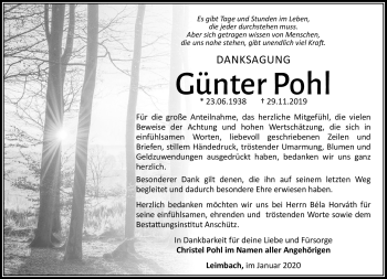 Traueranzeige von Günter Pohl von Südthüringer Presse