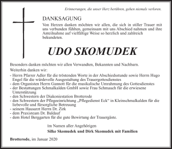 Traueranzeige von Udo Skomudek von Südthüringer Presse