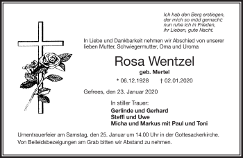 Traueranzeige von Rosa Wentzel von Frankenpost