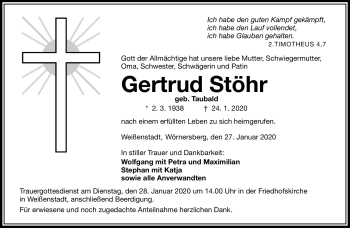 Traueranzeige von Gertrud Stöhr von Frankenpost