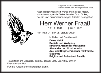 Traueranzeige von Werner Fraaß von Frankenpost