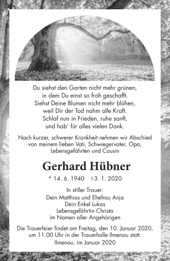 Traueranzeige von Gerhard Hübner von Südthüringer Presse