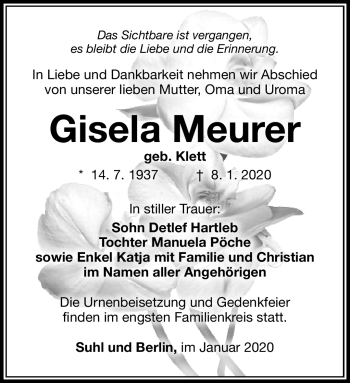 Traueranzeige von Gisela Meurer von Südthüringer Presse