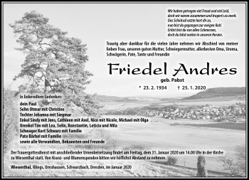 Traueranzeige von Friedel Anders von Südthüringer Presse