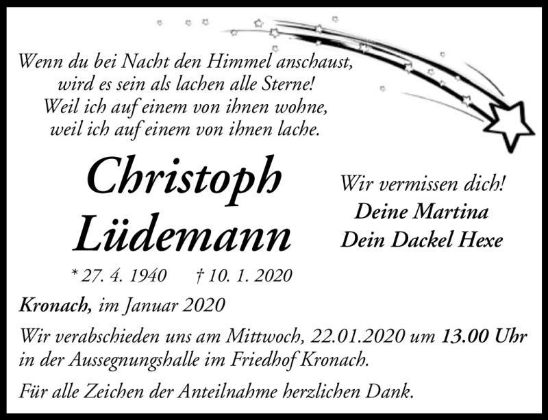  Traueranzeige für Christopf Lüdemann vom 16.01.2020 aus Neue Presse Coburg
