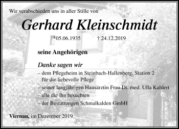 Traueranzeige von Gerhard Kleinschmidt von Südthüringer Presse