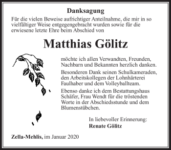 Traueranzeige von Matthias Gölitz von Südthüringer Presse