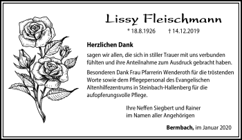 Traueranzeige von Lissy Fleischmann von Südthüringer Presse