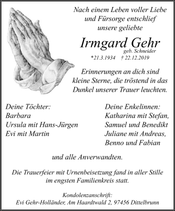 Traueranzeige von Irmgard Gehr von Neue Presse Coburg
