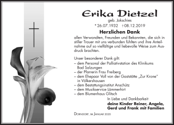Traueranzeige von Erika Dietzel von Südthüringer Presse