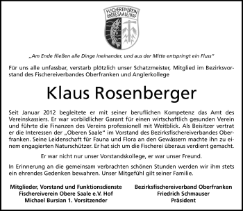 Traueranzeige von Klaus Rosenberger von Frankenpost