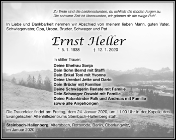 Traueranzeige von Ernst Heller von Südthüringer Presse