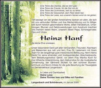 Traueranzeige von Heinz Hanf von Südthüringer Presse