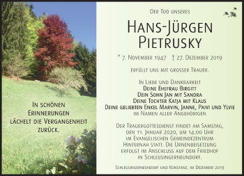 Traueranzeige von Hans-Jürgen Pietrusky von Südthüringer Presse