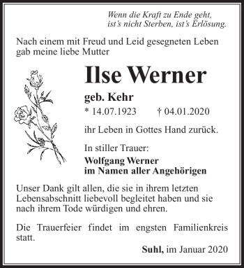 Traueranzeige von Ilse Werner von Südthüringer Presse