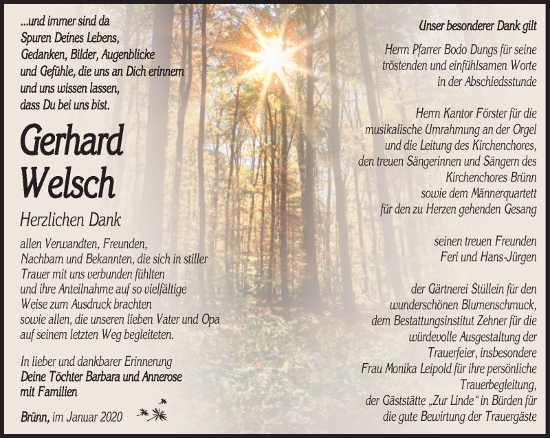  Traueranzeige für Gerhard Welsch vom 18.01.2020 aus Südthüringer Presse