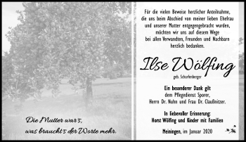Traueranzeige von Ilse Wölfing von Südthüringer Presse