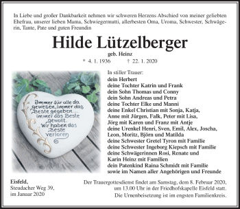 Traueranzeige von Hilde Lützelberger von Südthüringer Presse