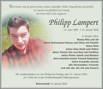 Traueranzeige von Philipp Lampert von Südthüringer Presse