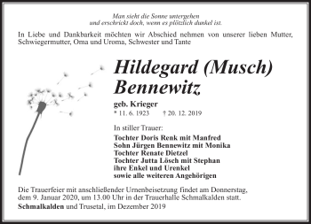 Traueranzeige von Hildegard Bennewitz von Südthüringer Presse