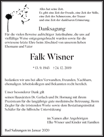 Traueranzeige von Falk Wiesner von Südthüringer Presse