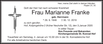 Traueranzeige von Marianne Franke von Frankenpost