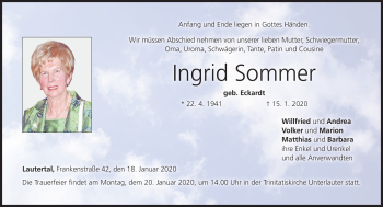 Traueranzeige von Ingrid Sommer von Neue Presse Coburg