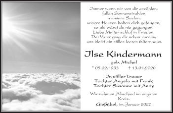 Traueranzeige von Ilse Kindermann von Südthüringer Presse